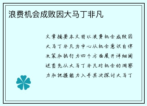 浪费机会成败因大马丁非凡